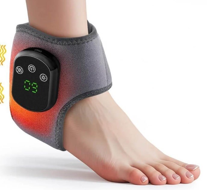 Grey wearable ankle wrap with black side module and digital display